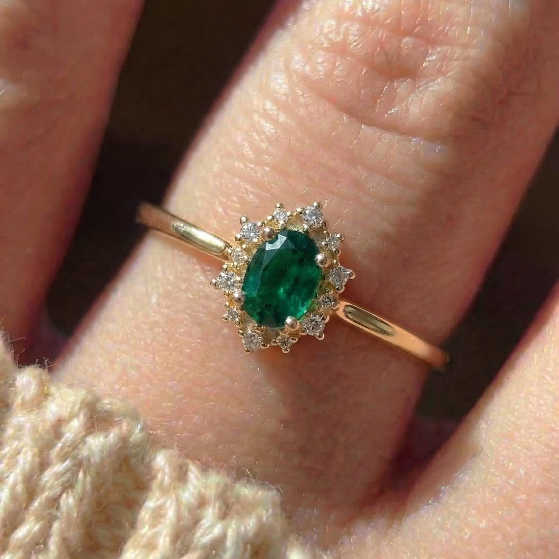 Oval Emerald Engagement Ring, Vintage Cluster Halo Promise Ring, Custom Gemstone Wedding Jewelry, May Birthstone