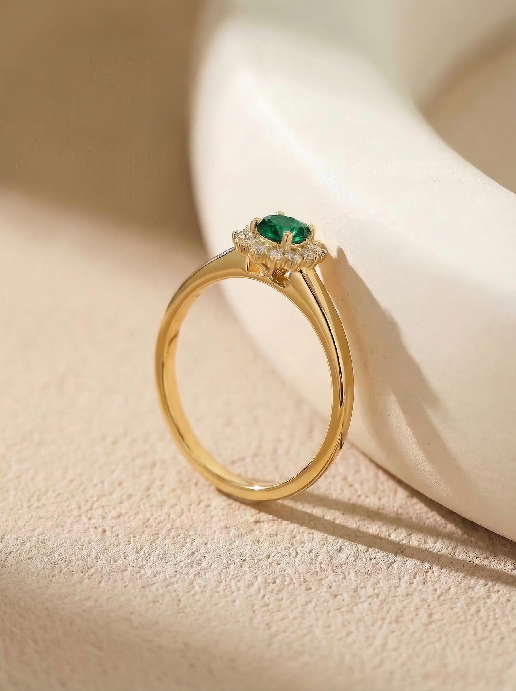 Oval Emerald Engagement Ring, Vintage Cluster Halo Promise Ring, Custom Gemstone Wedding Jewelry, May Birthstone