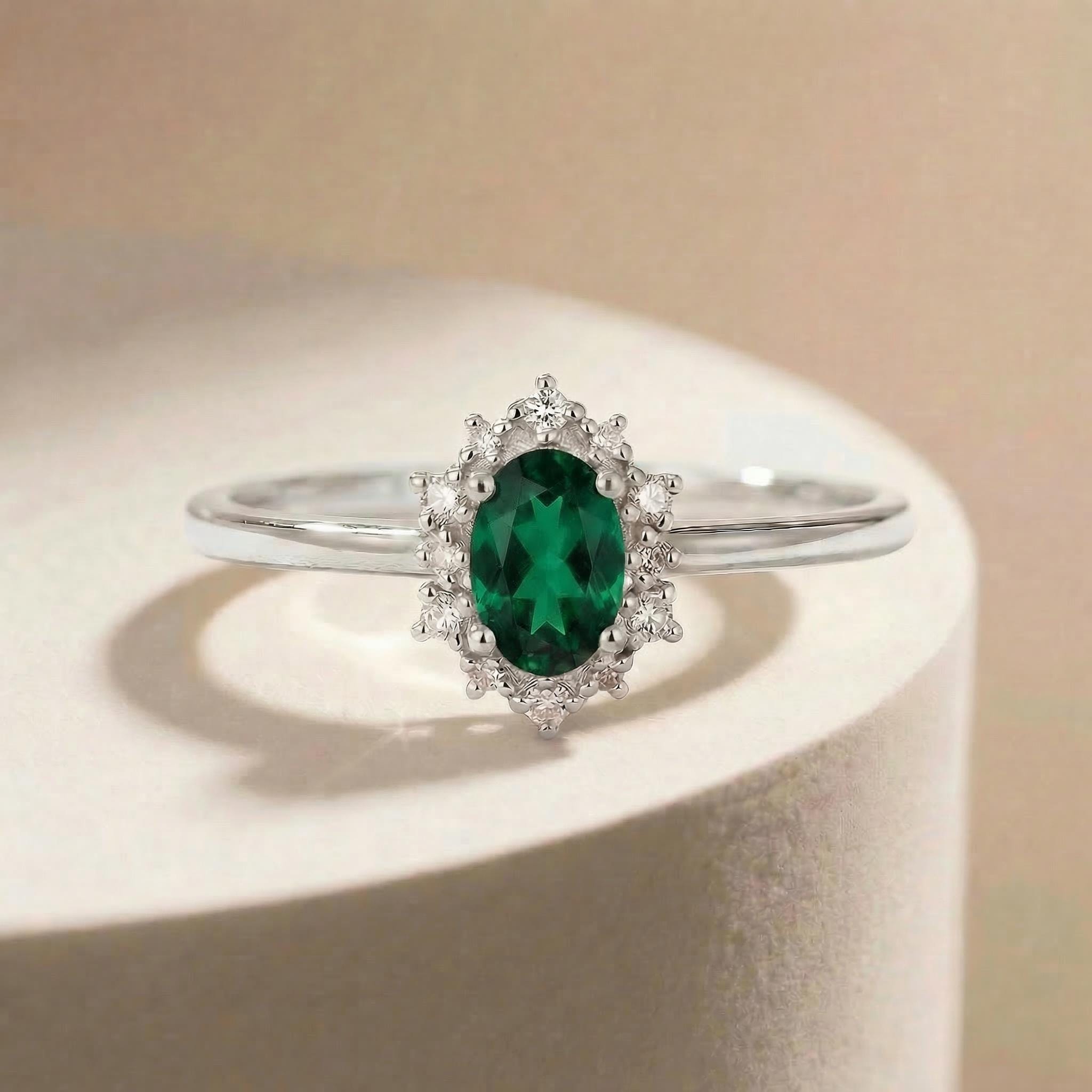 Oval Emerald Engagement Ring, Vintage Cluster Halo Promise Ring, Custom Gemstone Wedding Jewelry, May Birthstone