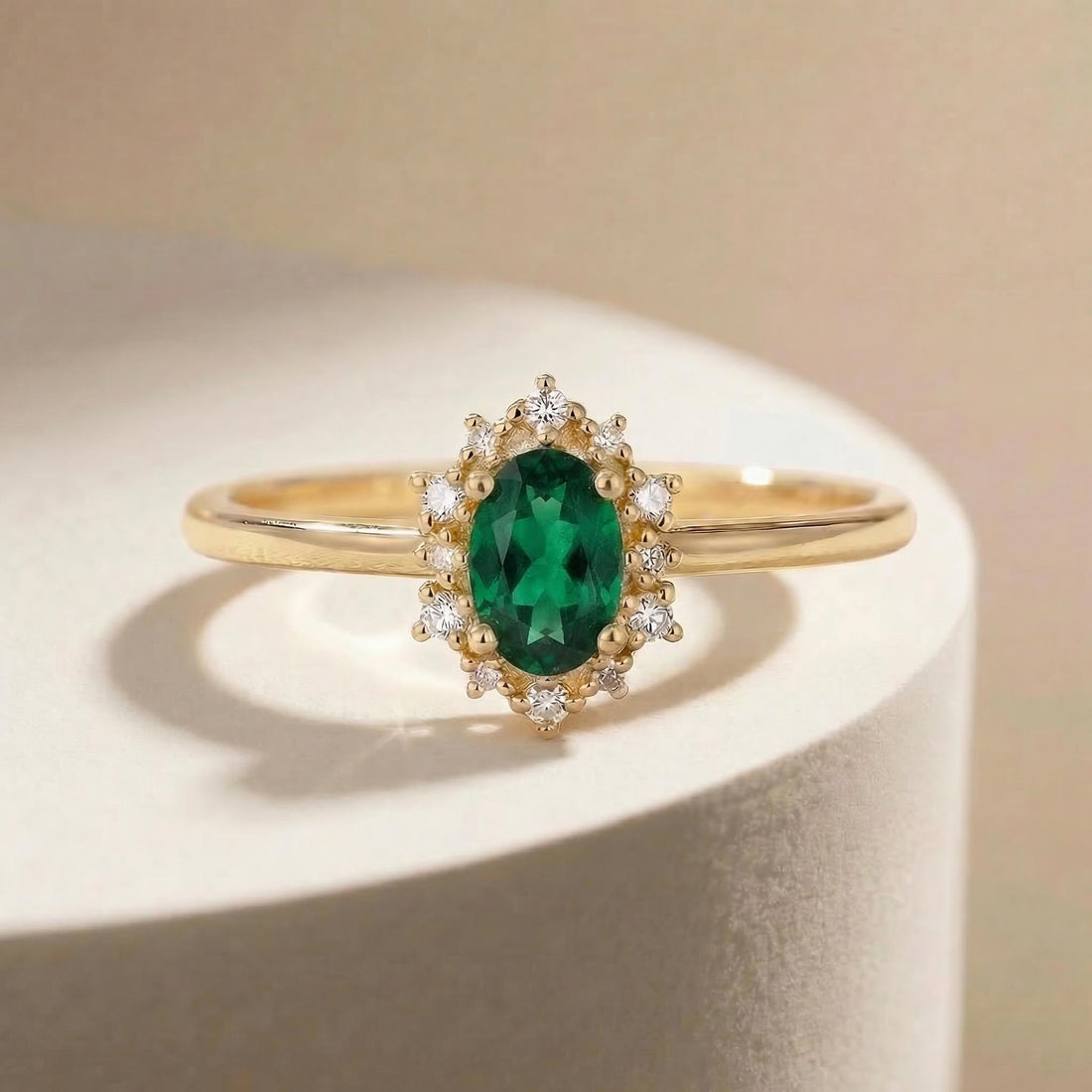 Oval Emerald Engagement Ring, Vintage Cluster Halo Promise Ring, Custom Gemstone Wedding Jewelry, May Birthstone