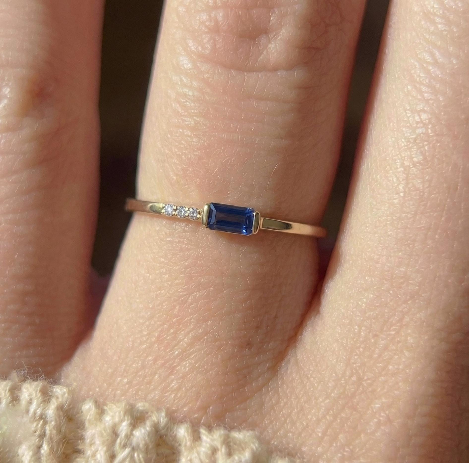 Dainty Baguette Sapphire Ring with Diamonds, 14K Gold Minimalist Stacking Ring, Delicate Blue Gemstone Engagement Ring, September Birthstone