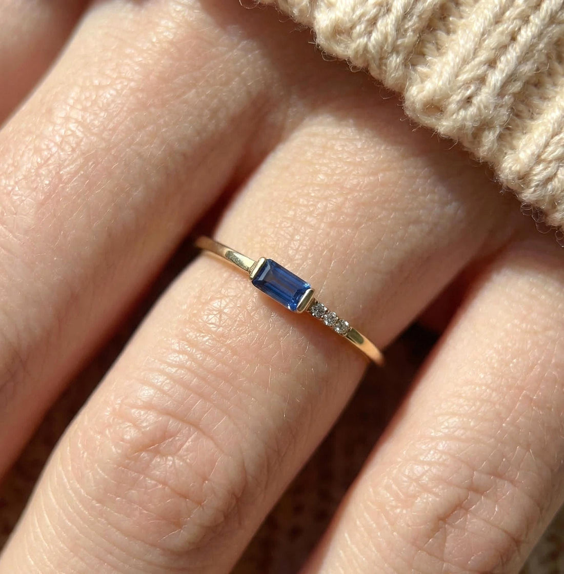 Dainty Baguette Sapphire Ring with Diamonds, 14K Gold Minimalist Stacking Ring, Delicate Blue Gemstone Engagement Ring, September Birthstone