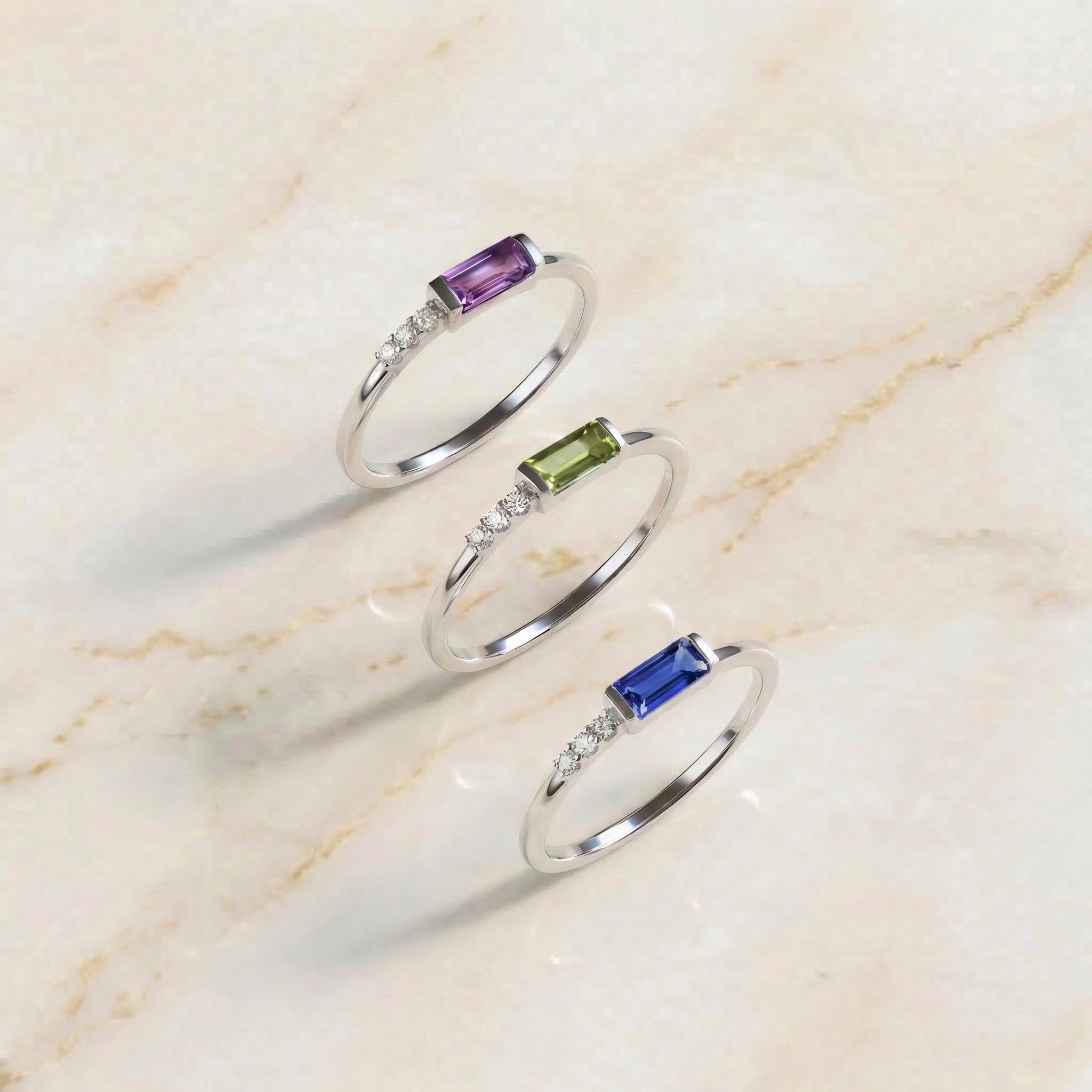 Dainty Baguette Sapphire Ring with Diamonds, 14K Gold Minimalist Stacking Ring, Delicate Blue Gemstone Engagement Ring, September Birthstone