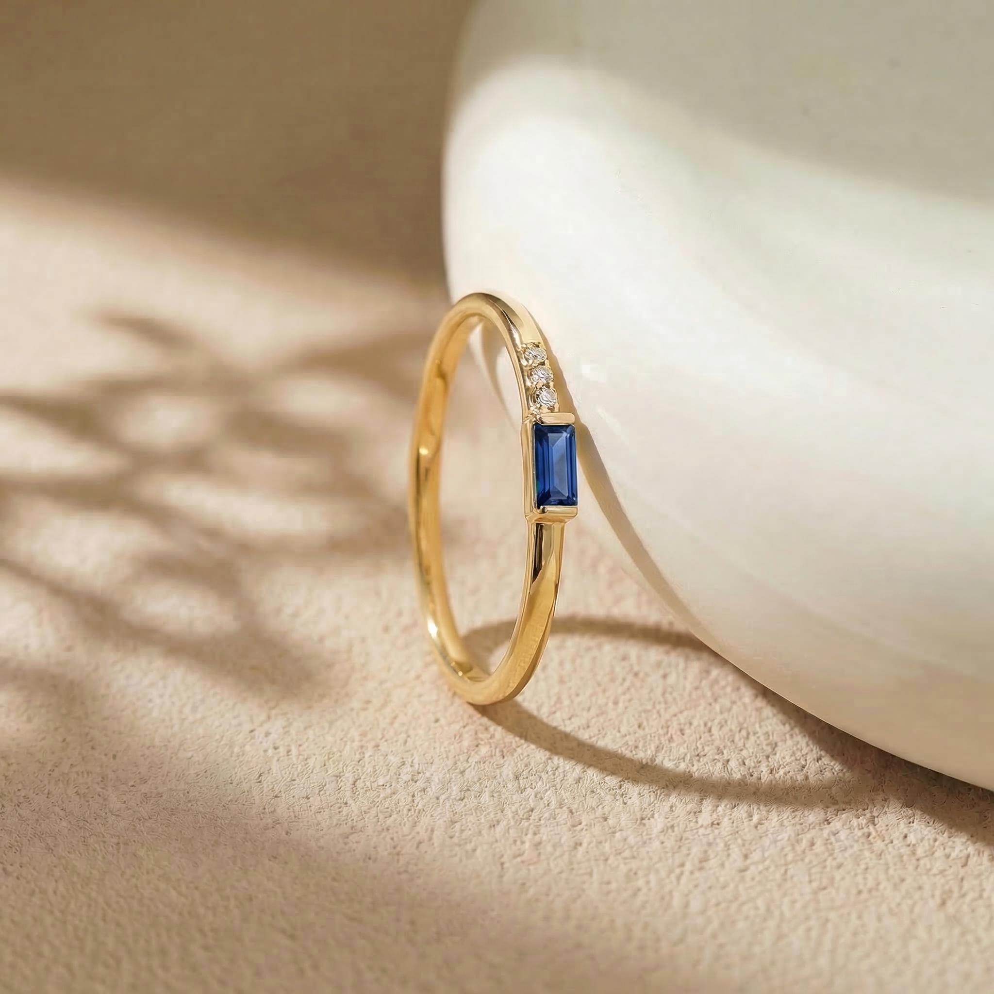 Dainty Baguette Sapphire Ring with Diamonds, 14K Gold Minimalist Stacking Ring, Delicate Blue Gemstone Engagement Ring, September Birthstone
