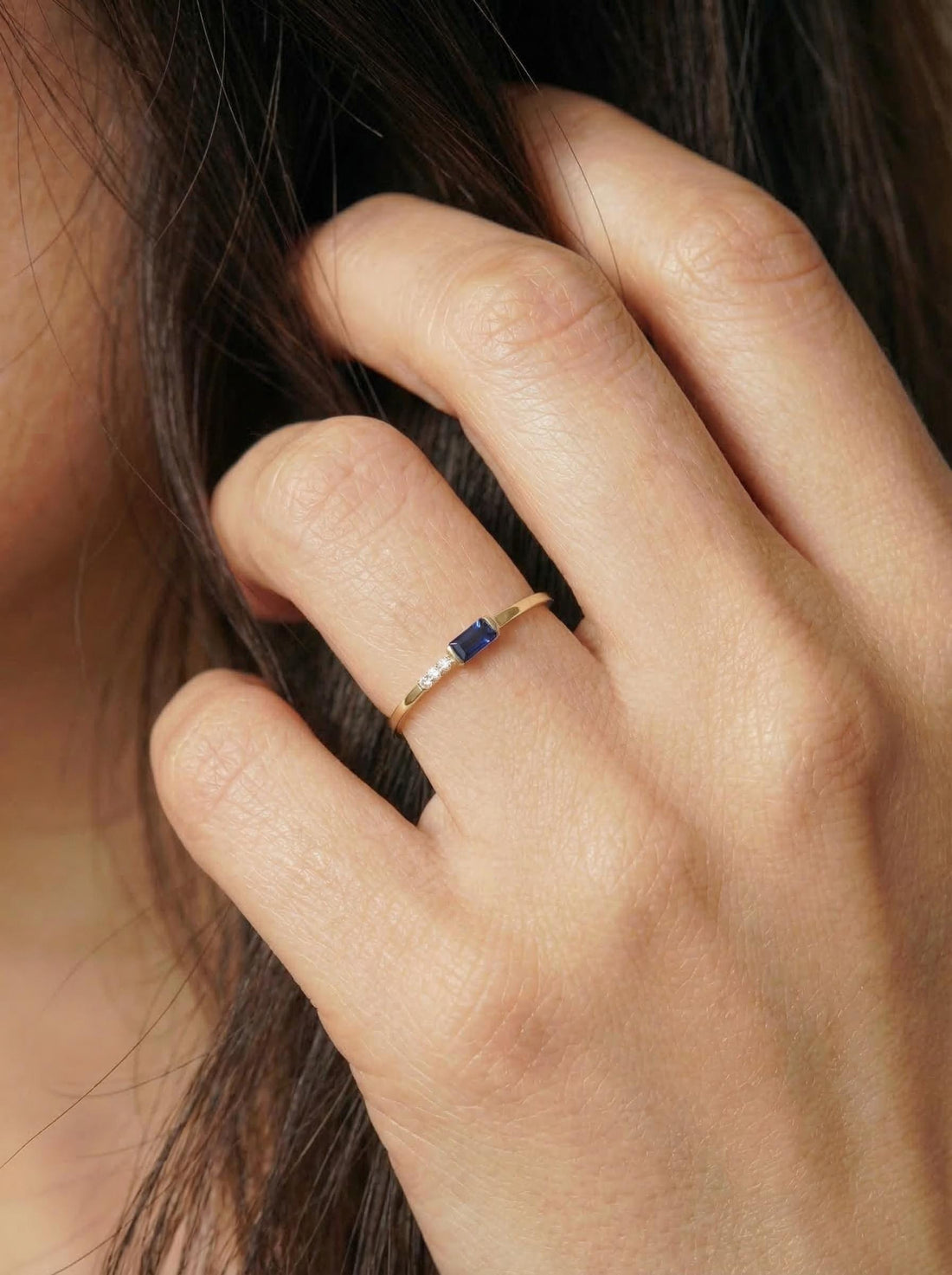 Dainty Baguette Sapphire Ring with Diamonds, 14K Gold Minimalist Stacking Ring, Delicate Blue Gemstone Engagement Ring, September Birthstone
