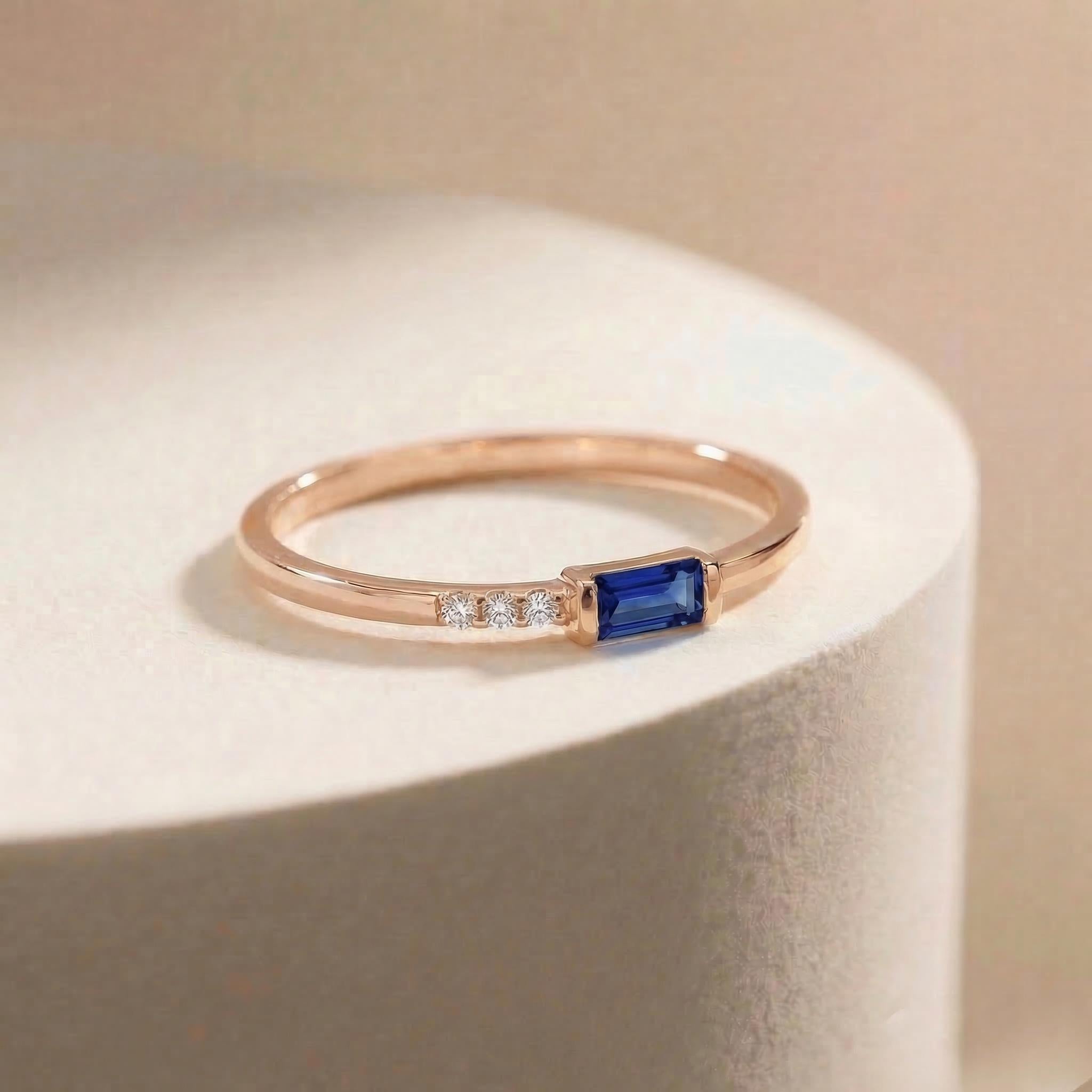 Dainty Baguette Sapphire Ring with Diamonds, 14K Gold Minimalist Stacking Ring, Delicate Blue Gemstone Engagement Ring, September Birthstone