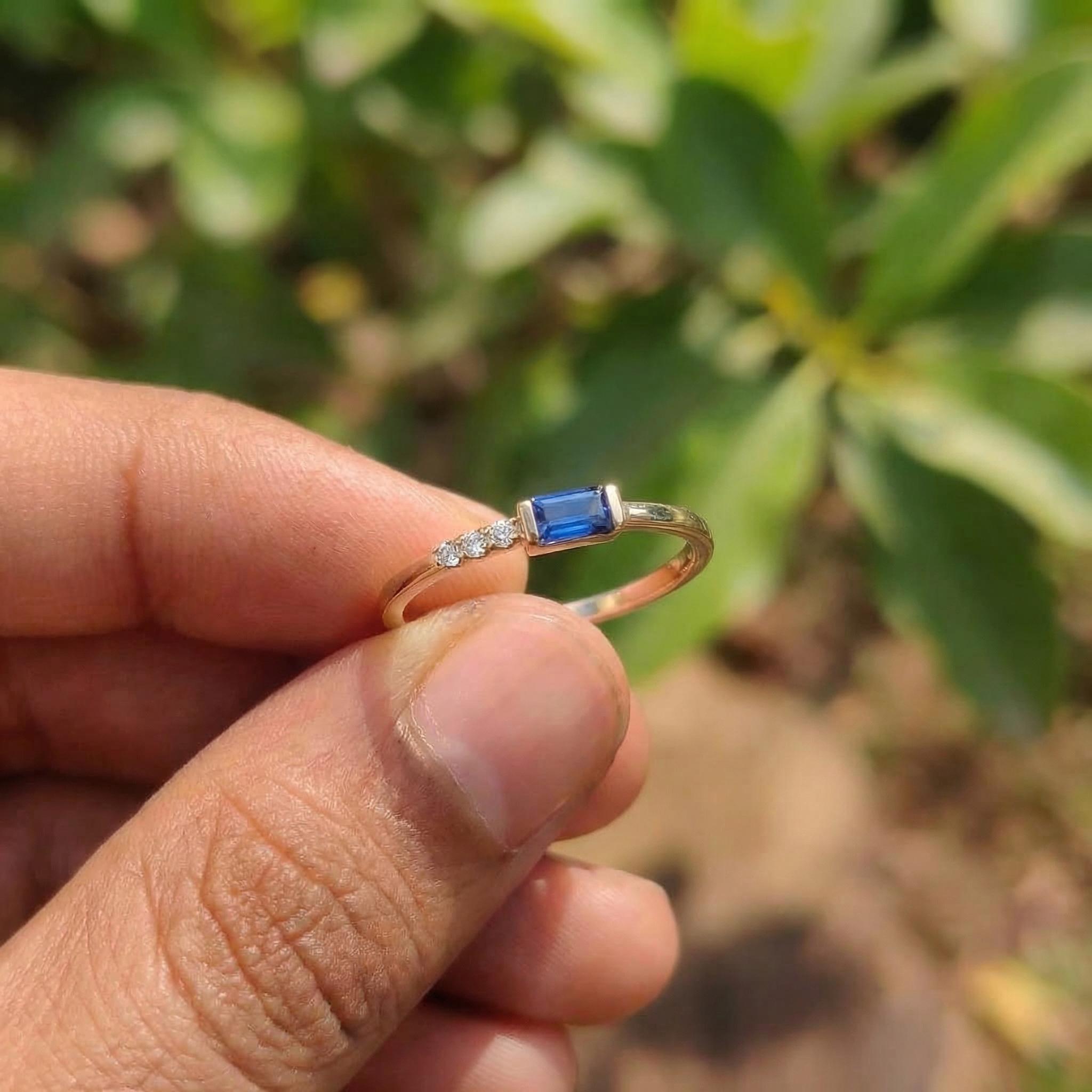 Dainty Baguette Sapphire Ring with Diamonds, 14K Gold Minimalist Stacking Ring, Delicate Blue Gemstone Engagement Ring, September Birthstone
