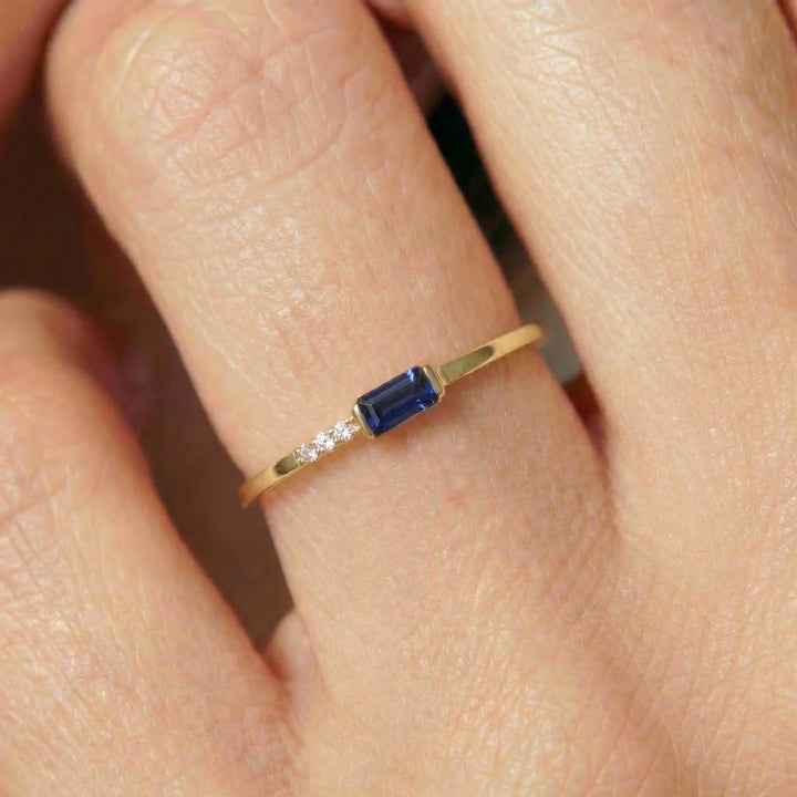 Dainty Baguette Sapphire Ring with Diamonds, 14K Gold Minimalist Stacking Ring, Delicate Blue Gemstone Engagement Ring, September Birthstone