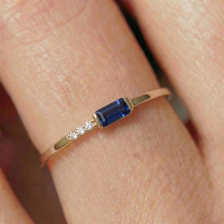 Dainty Baguette Sapphire Ring with Diamonds, 14K Gold Minimalist Stacking Ring, Delicate Blue Gemstone Engagement Ring, September Birthstone