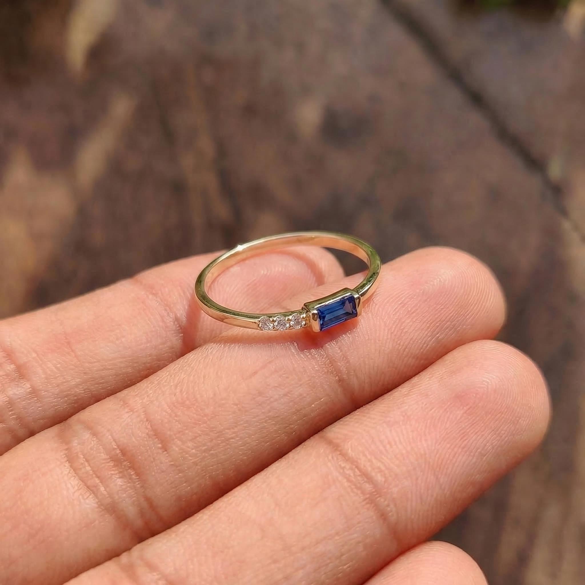 Dainty Baguette Sapphire Ring with Diamonds, 14K Gold Minimalist Stacking Ring, Delicate Blue Gemstone Engagement Ring, September Birthstone