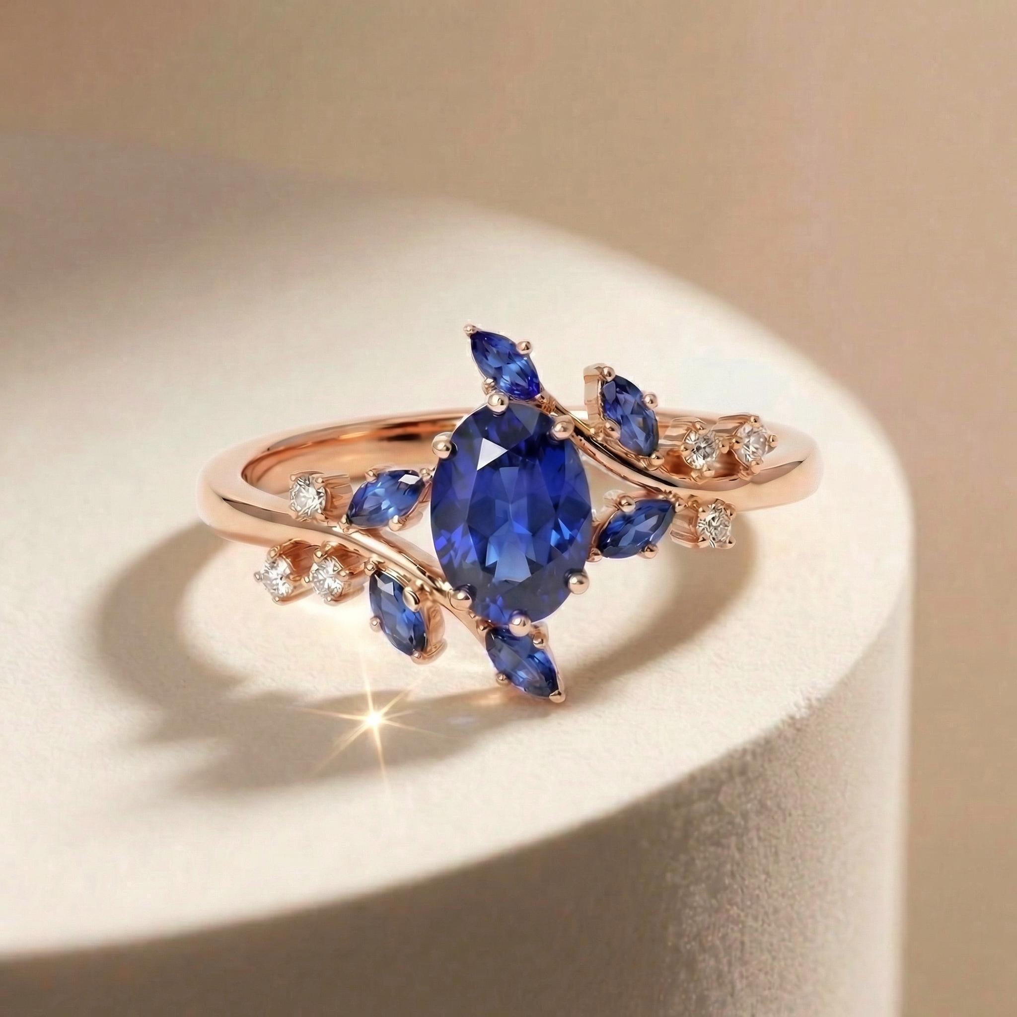 Nature Inspired Oval Blue Sapphire Ring | Marquise Sapphire & Diamond Gold Ring | Unique Floral Engagement Anniversary Gift Fine Jewelry