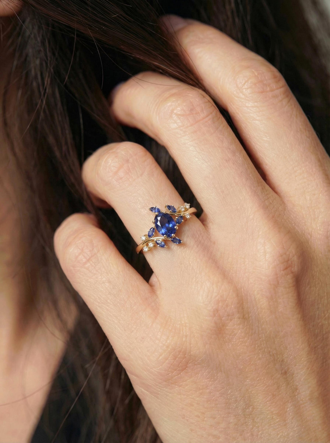 Nature Inspired Oval Blue Sapphire Ring | Marquise Sapphire & Diamond Gold Ring | Unique Floral Engagement Anniversary Gift Fine Jewelry