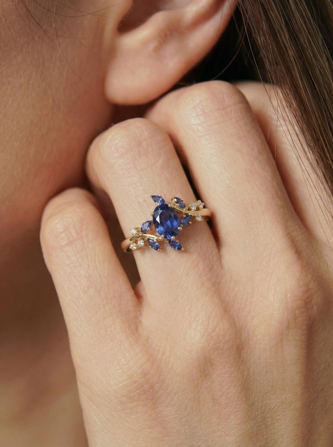 Nature Inspired Oval Blue Sapphire Ring | Marquise Sapphire & Diamond Gold Ring | Unique Floral Engagement Anniversary Gift Fine Jewelry