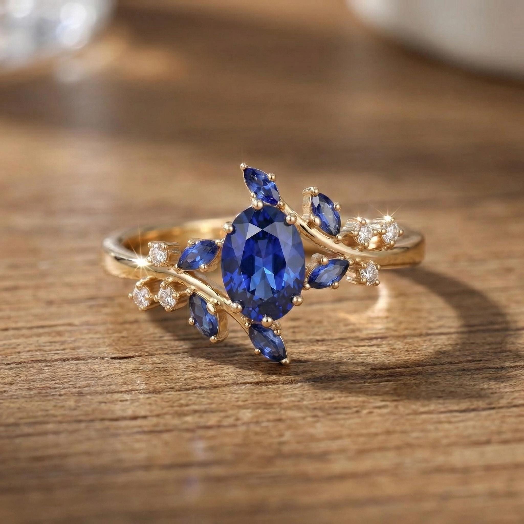 Nature Inspired Oval Blue Sapphire Ring | Marquise Sapphire & Diamond Gold Ring | Unique Floral Engagement Anniversary Gift Fine Jewelry