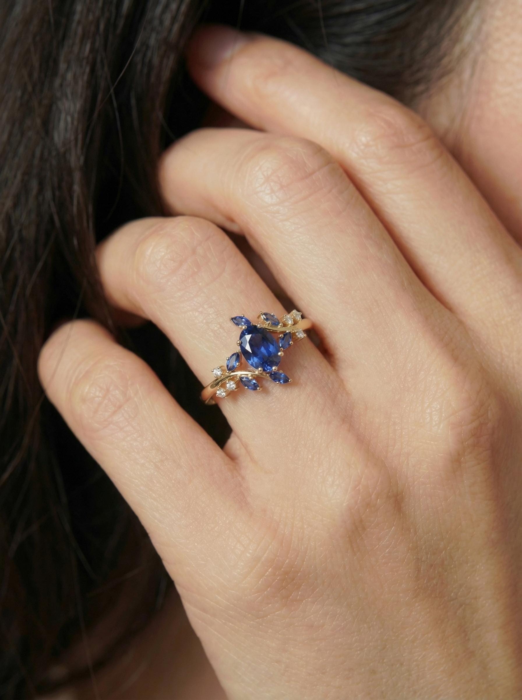 Nature Inspired Oval Blue Sapphire Ring | Marquise Sapphire & Diamond Gold Ring | Unique Floral Engagement Anniversary Gift Fine Jewelry