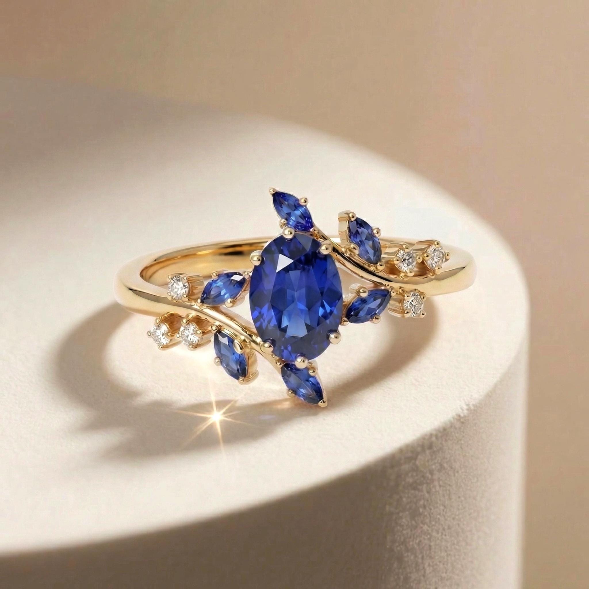 Nature Inspired Oval Blue Sapphire Ring | Marquise Sapphire & Diamond Gold Ring | Unique Floral Engagement Anniversary Gift Fine Jewelry