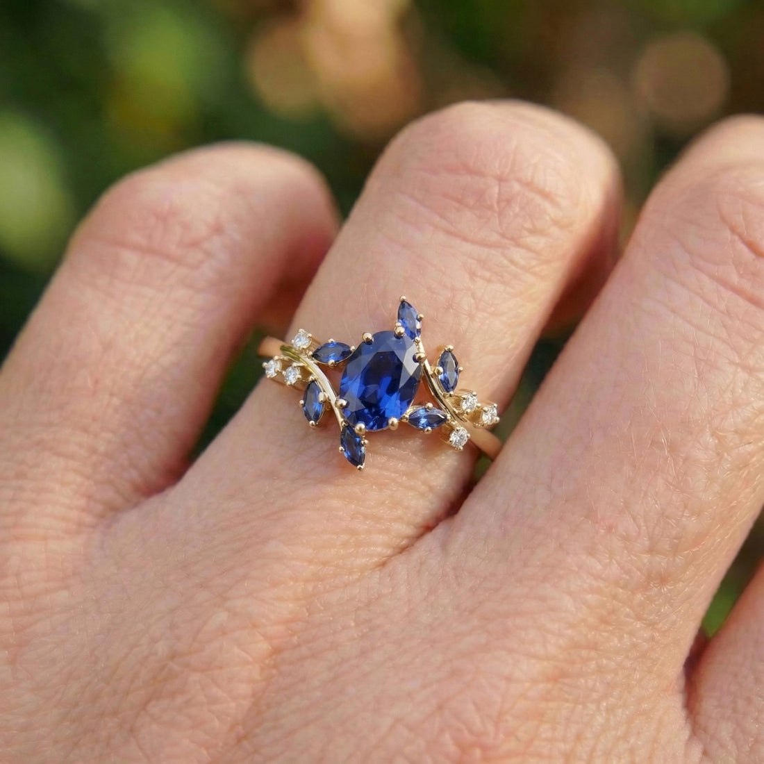 Nature Inspired Oval Blue Sapphire Ring | Marquise Sapphire & Diamond Gold Ring | Unique Floral Engagement Anniversary Gift Fine Jewelry