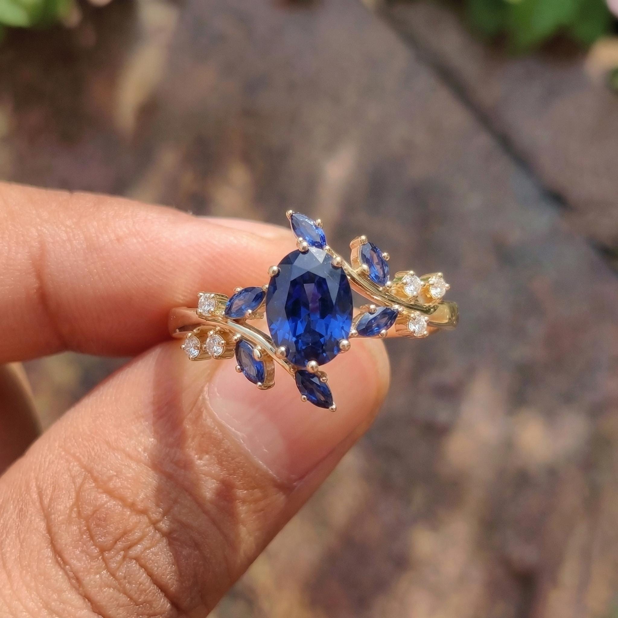 Nature Inspired Oval Blue Sapphire Ring | Marquise Sapphire & Diamond Gold Ring | Unique Floral Engagement Anniversary Gift Fine Jewelry