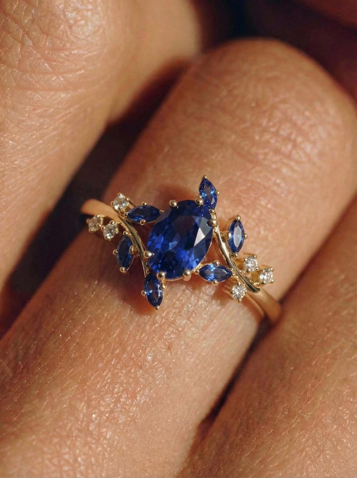 Nature Inspired Oval Blue Sapphire Ring | Marquise Sapphire & Diamond Gold Ring | Unique Floral Engagement Anniversary Gift Fine Jewelry