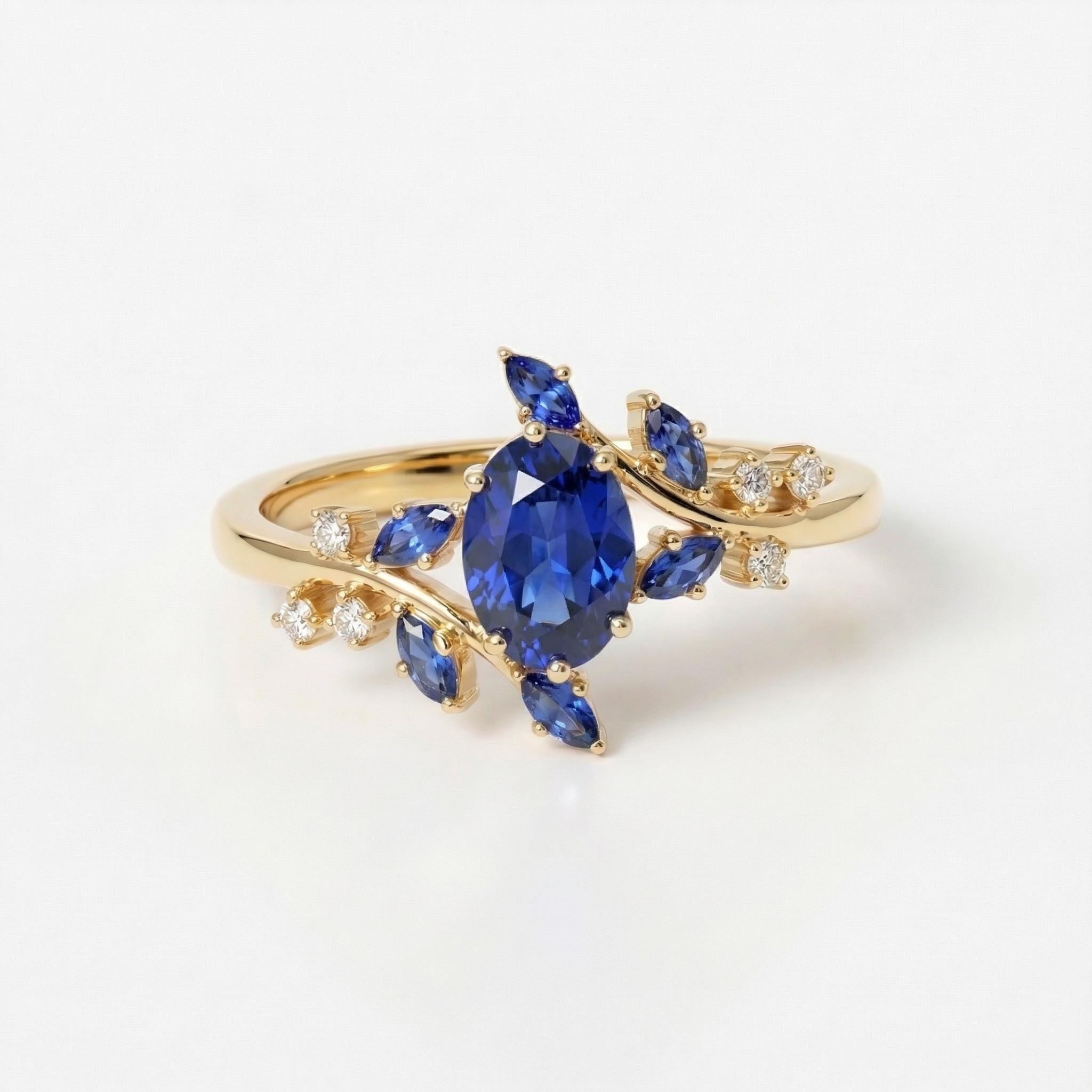 Nature Inspired Oval Blue Sapphire Ring | Marquise Sapphire & Diamond Gold Ring | Unique Floral Engagement Anniversary Gift Fine Jewelry