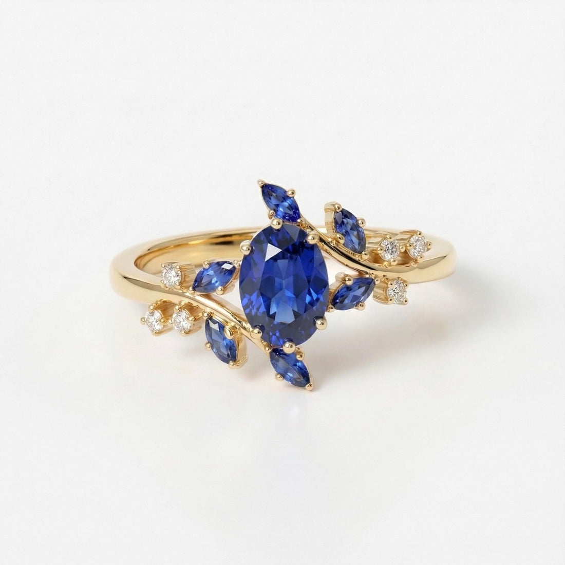 Nature Inspired Oval Blue Sapphire Ring | Marquise Sapphire & Diamond Gold Ring | Unique Floral Engagement Anniversary Gift Fine Jewelry