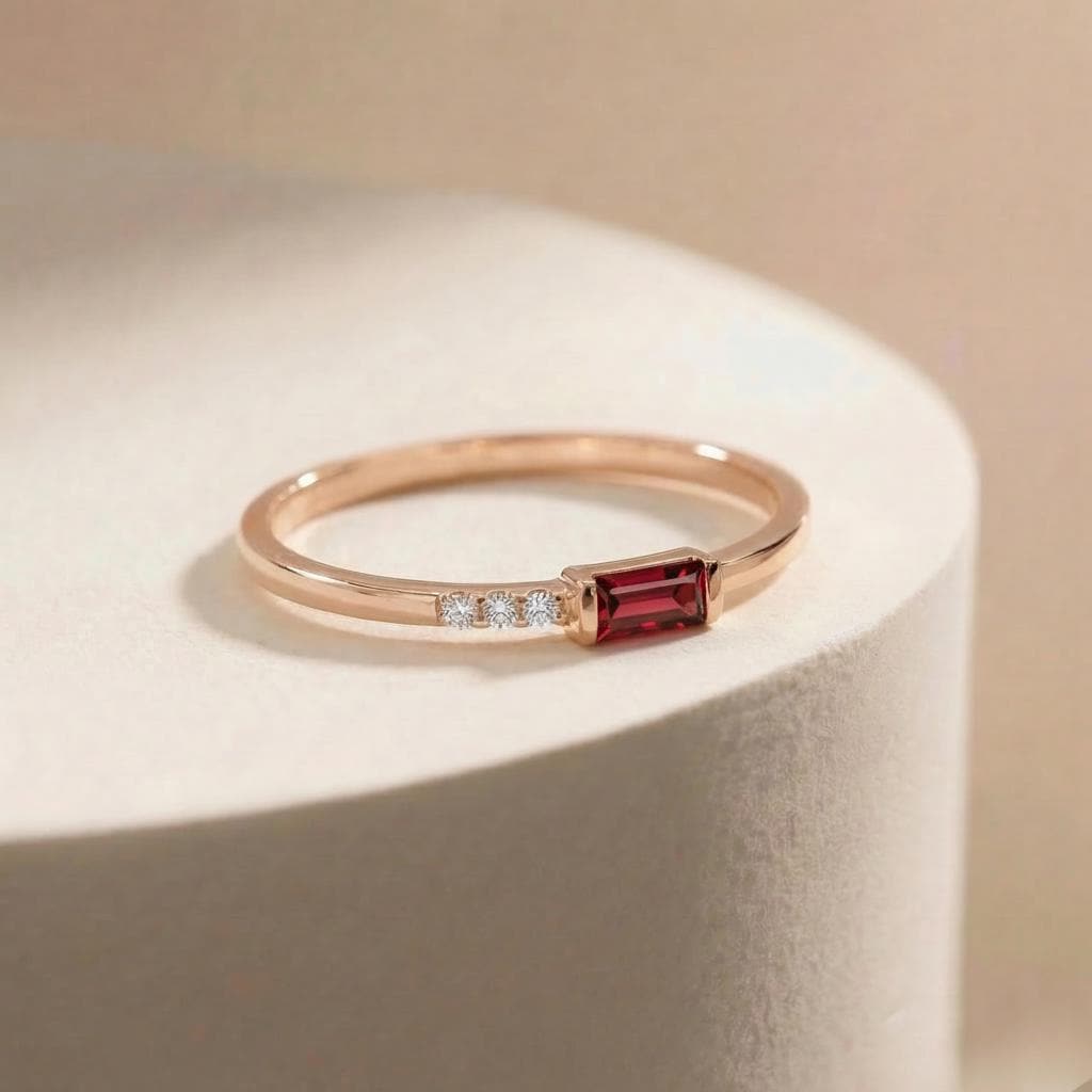 Dainty Baguette Garnet Ring, Minimalist January Birthstone Ring Moissanite