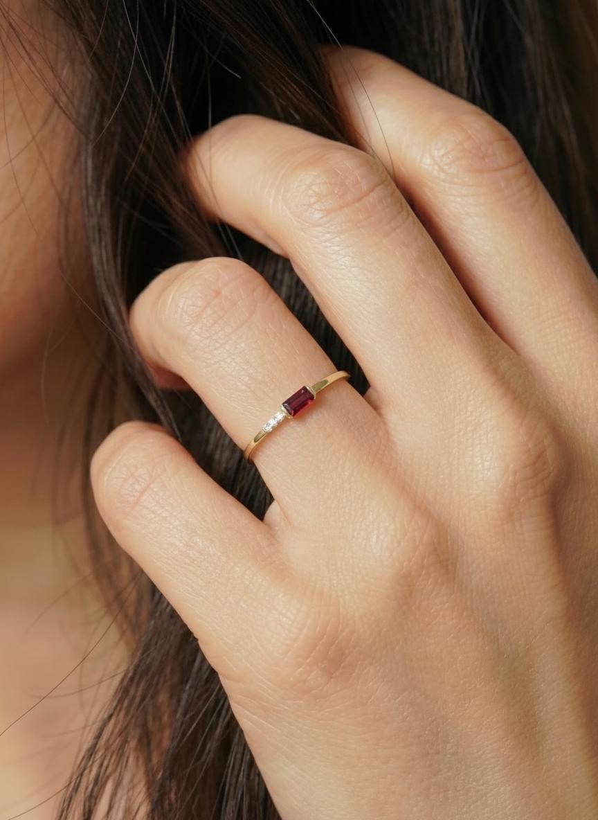 Dainty Baguette Garnet Ring, Minimalist January Birthstone Ring Moissanite
