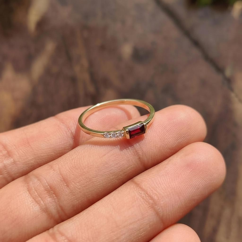 Dainty Baguette Garnet Ring, Minimalist January Birthstone Ring Moissanite