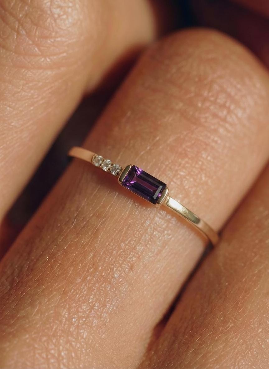 Dainty Baguette Amethyst Ring, Minimalist February Birthstone Ring Personalized Gift for Wife