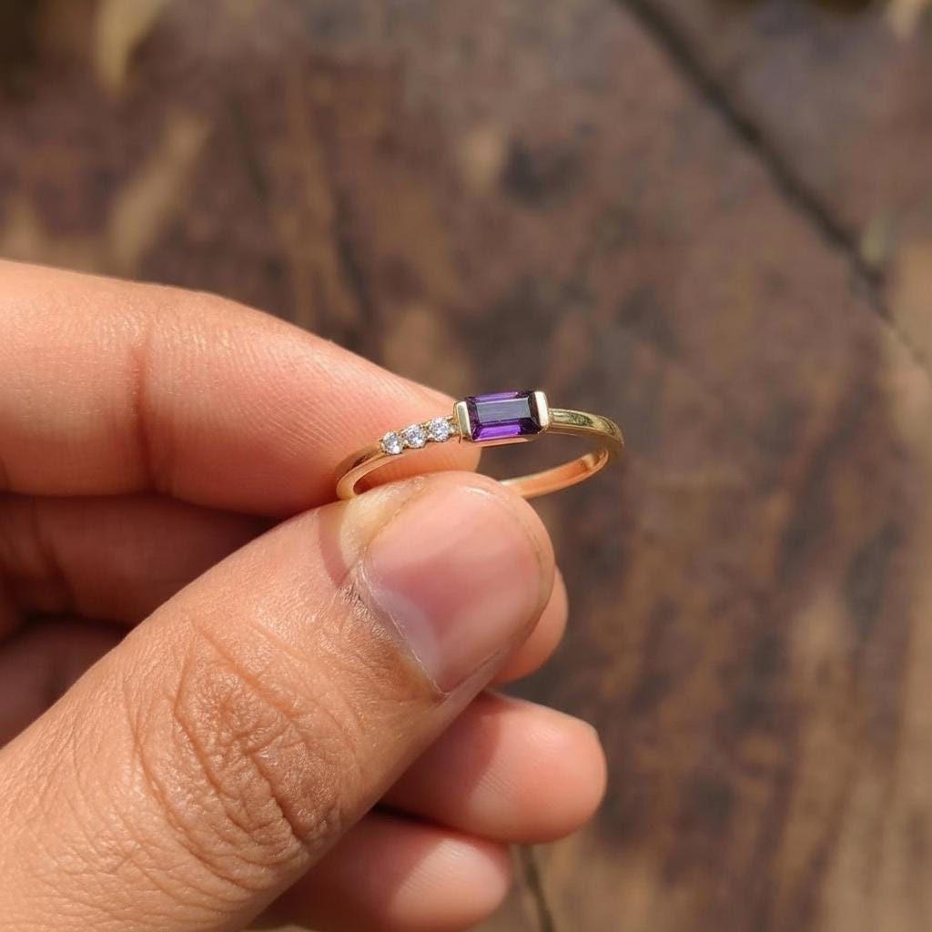 Dainty Baguette Amethyst Ring, Minimalist February Birthstone Ring Personalized Gift for Wife