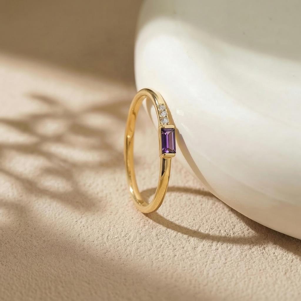 Dainty Baguette Amethyst Ring, Minimalist February Birthstone Ring Personalized Gift for Wife