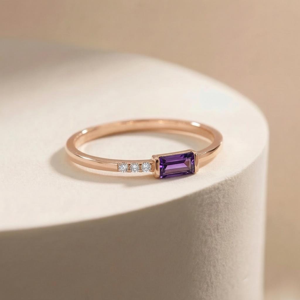 Dainty Baguette Amethyst Ring, Minimalist February Birthstone Ring Personalized Gift for Wife