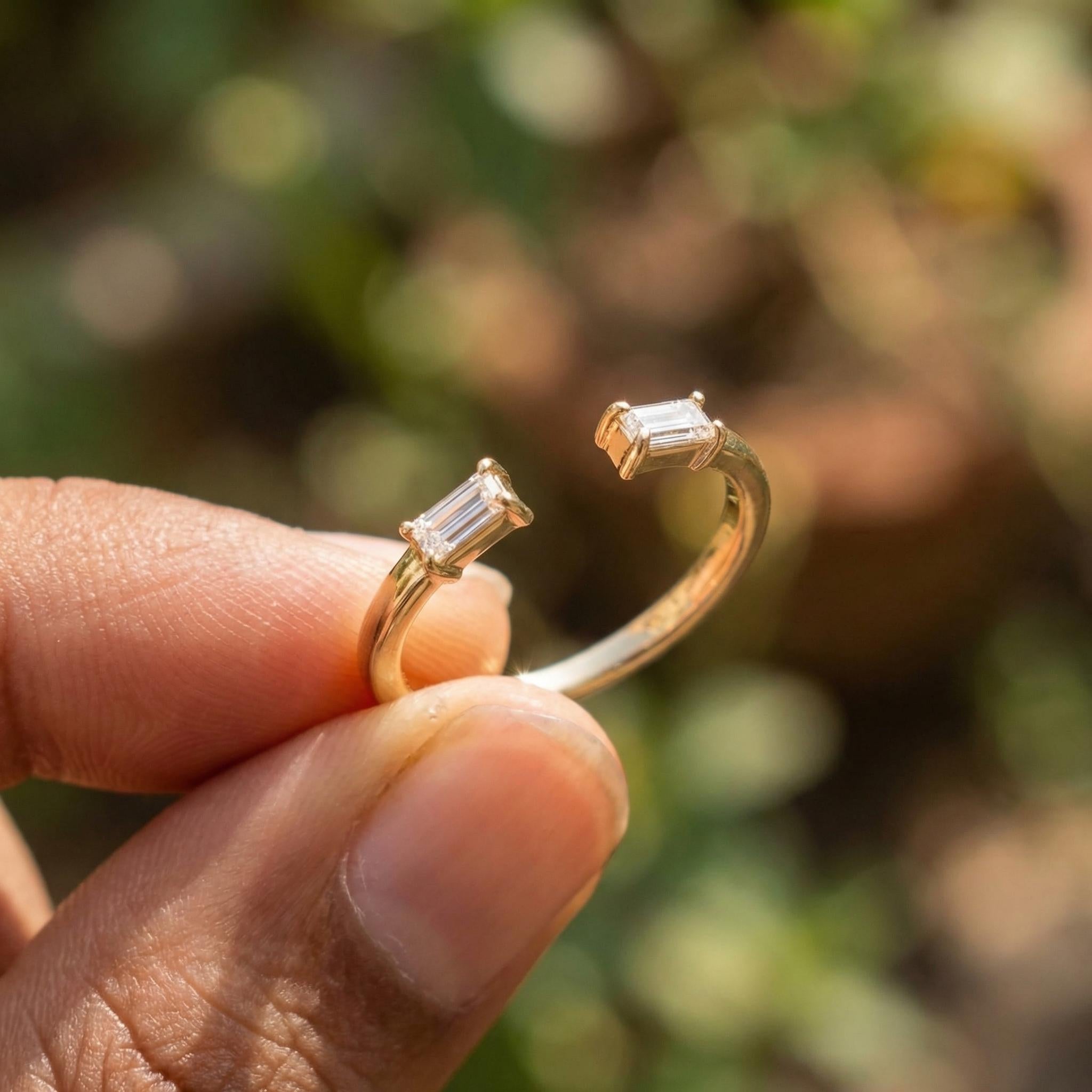 Baguette Diamond Open Ring | 14K Gold Minimalist Cuff Ring | Stackable Fine Jewelry | Modern Everyday Ring Gift for Her
