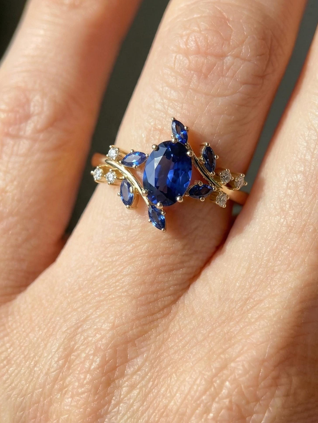Nature Inspired Oval Blue Sapphire Ring | Marquise Sapphire & Diamond Gold Ring | Unique Floral Engagement Anniversary Gift Fine Jewelry