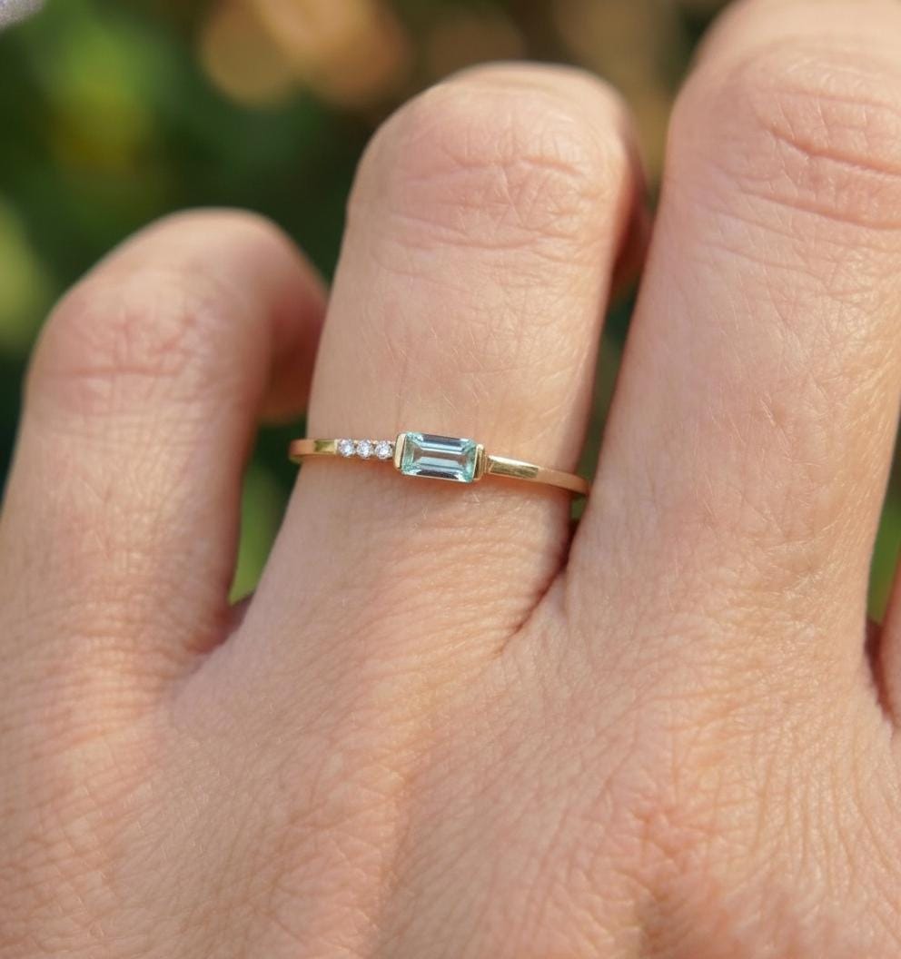Dainty Baguette Aquamarine Ring, Minimalist March Birthstone Ring, Mother's Day Gift, March Birthday Gift For Wife