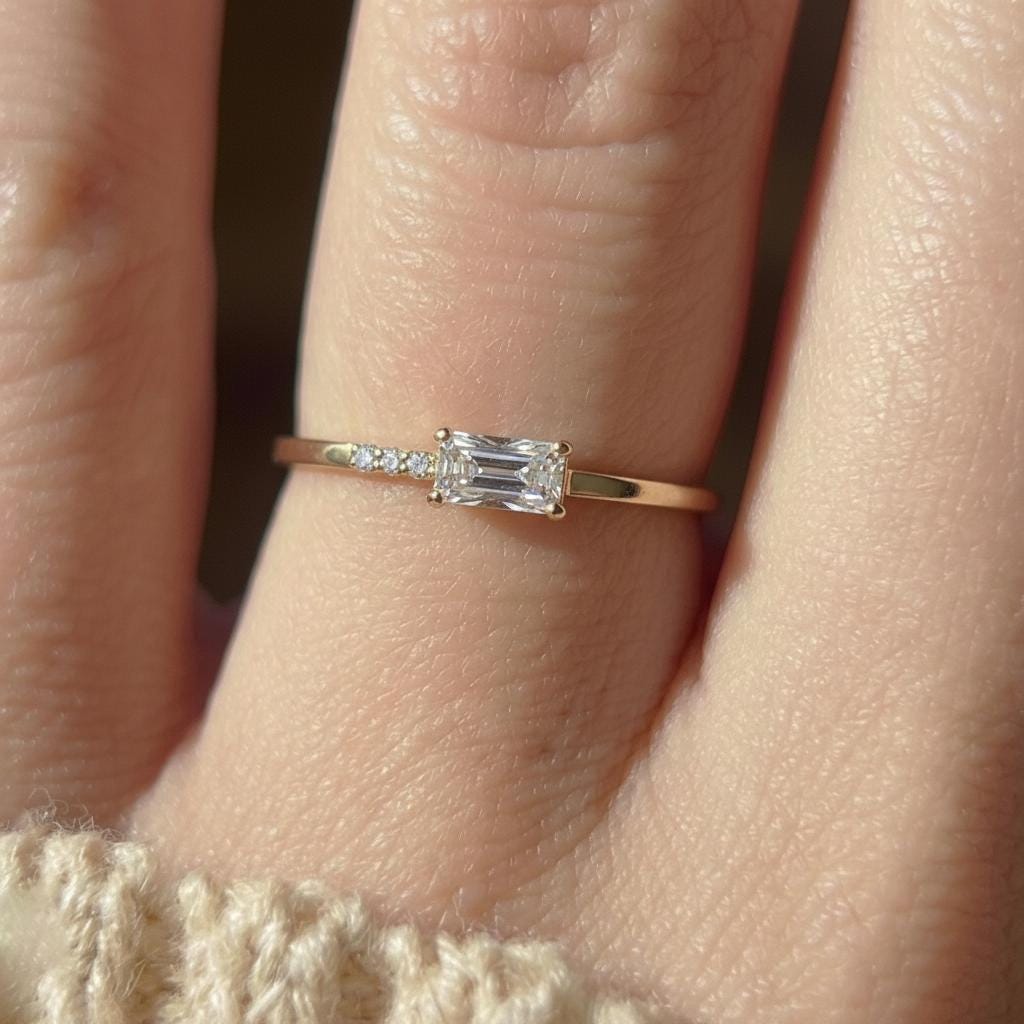 Dainty Baguette Lab Grown Diamond Ring, Minimalist April Birthstone Ring, Promise Ring, Stackable Ring