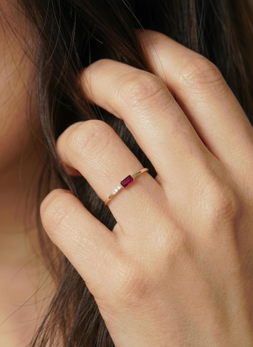 Dainty Baguette Ruby Ring, Minimalist July Birthstone Ring, Personalized Red Gemstone Gift for Her, Mother's Day Gift