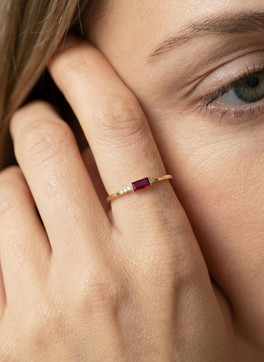 Dainty Baguette Ruby Ring, Minimalist July Birthstone Ring, Personalized Red Gemstone Gift for Her, Mother's Day Gift