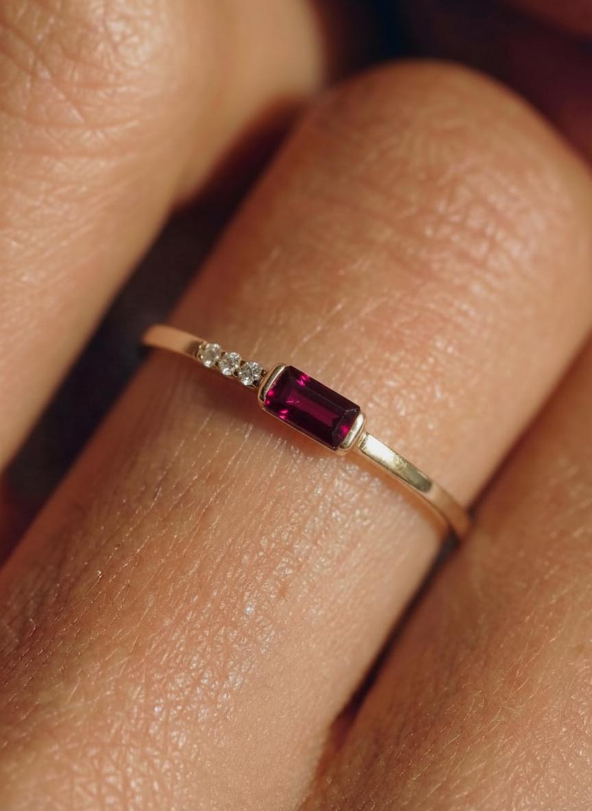 Dainty Baguette Ruby Ring, Minimalist July Birthstone Ring, Personalized Red Gemstone Gift for Her, Mother's Day Gift