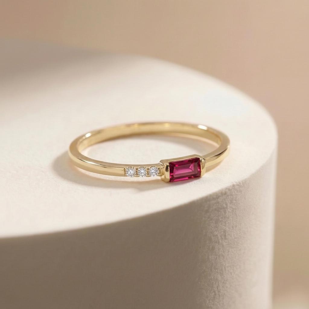 Dainty Baguette Ruby Ring, Minimalist July Birthstone Ring, Personalized Red Gemstone Gift for Her, Mother's Day Gift