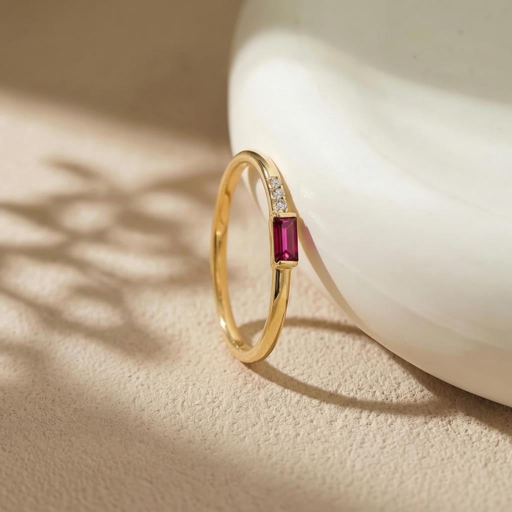Dainty Baguette Ruby Ring, Minimalist July Birthstone Ring, Personalized Red Gemstone Gift for Her, Mother's Day Gift