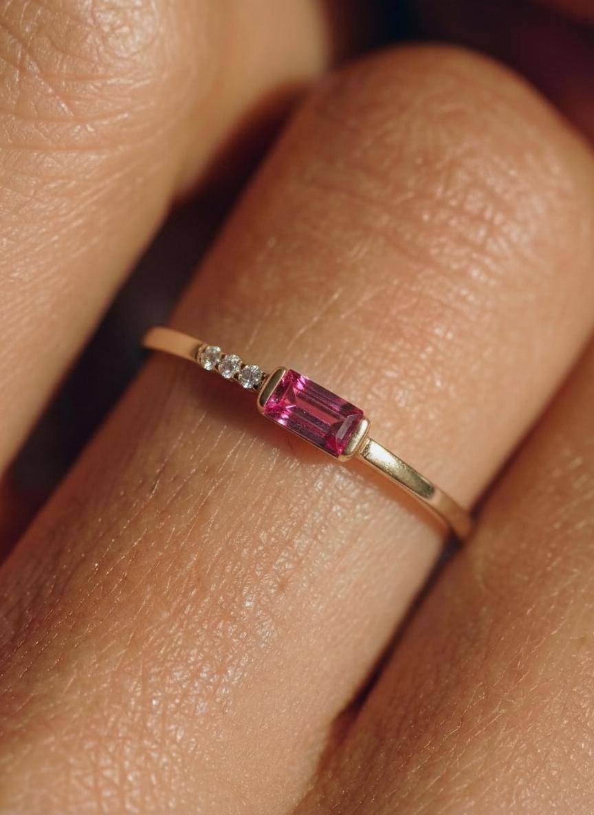 Dainty Baguette Pink Tourmaline Ring, Minimalist October Birthstone Ring Stackable Band, Pink Gemstone, Birthday Gift
