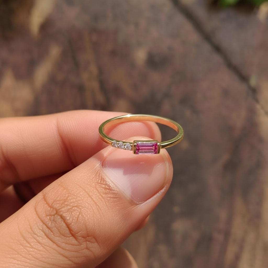 Dainty Baguette Pink Tourmaline Ring, Minimalist October Birthstone Ring Stackable Band, Pink Gemstone, Birthday Gift