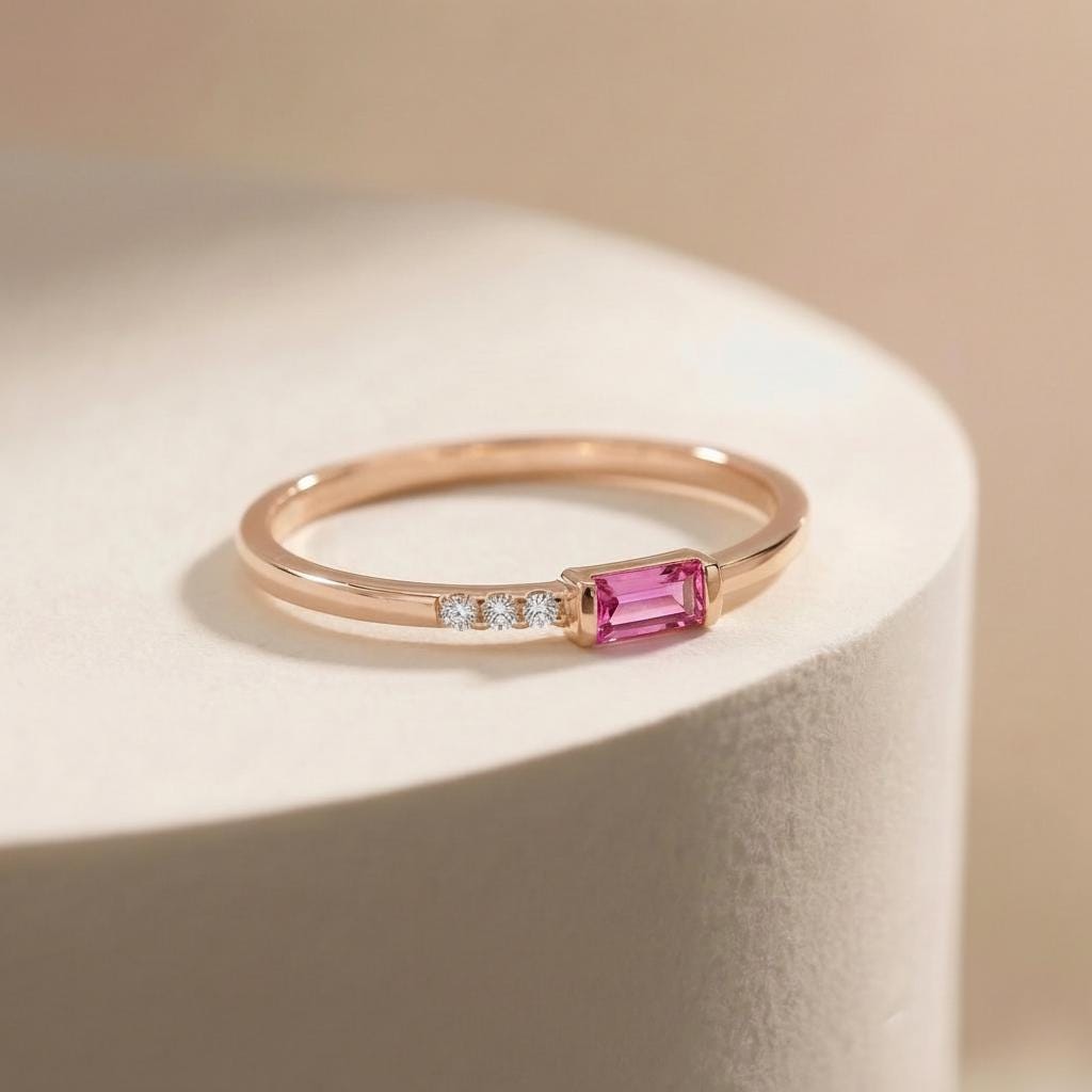 Dainty Baguette Pink Tourmaline Ring, Minimalist October Birthstone Ring Stackable Band, Pink Gemstone, Birthday Gift