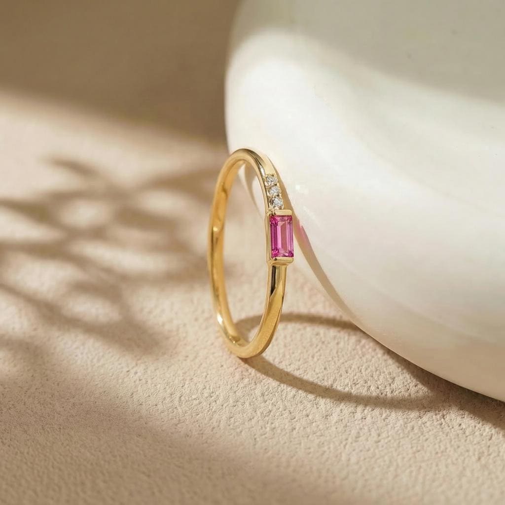 Dainty Baguette Pink Tourmaline Ring, Minimalist October Birthstone Ring Stackable Band, Pink Gemstone, Birthday Gift