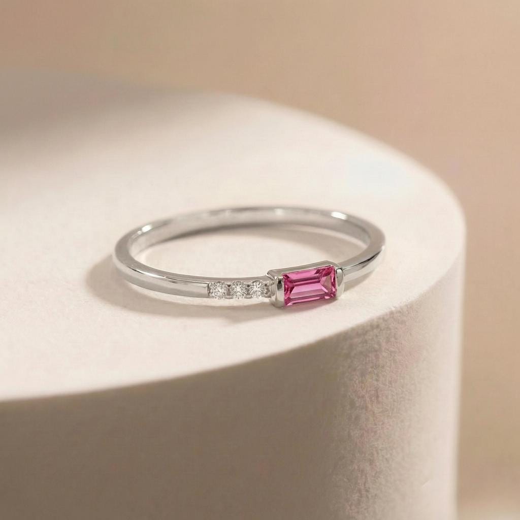 Dainty Baguette Pink Tourmaline Ring, Minimalist October Birthstone Ring Stackable Band, Pink Gemstone, Birthday Gift