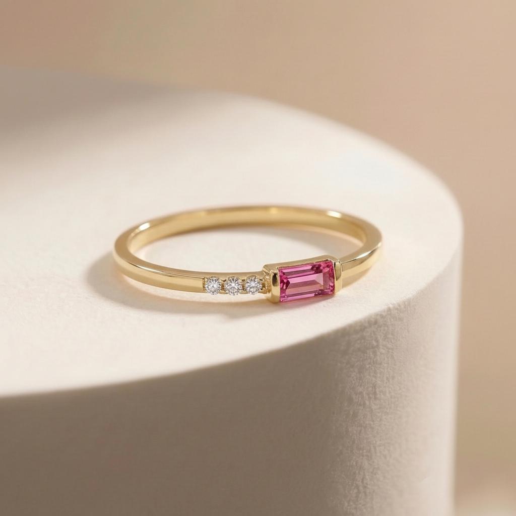 Dainty Baguette Pink Tourmaline Ring, Minimalist October Birthstone Ring Stackable Band, Pink Gemstone, Birthday Gift
