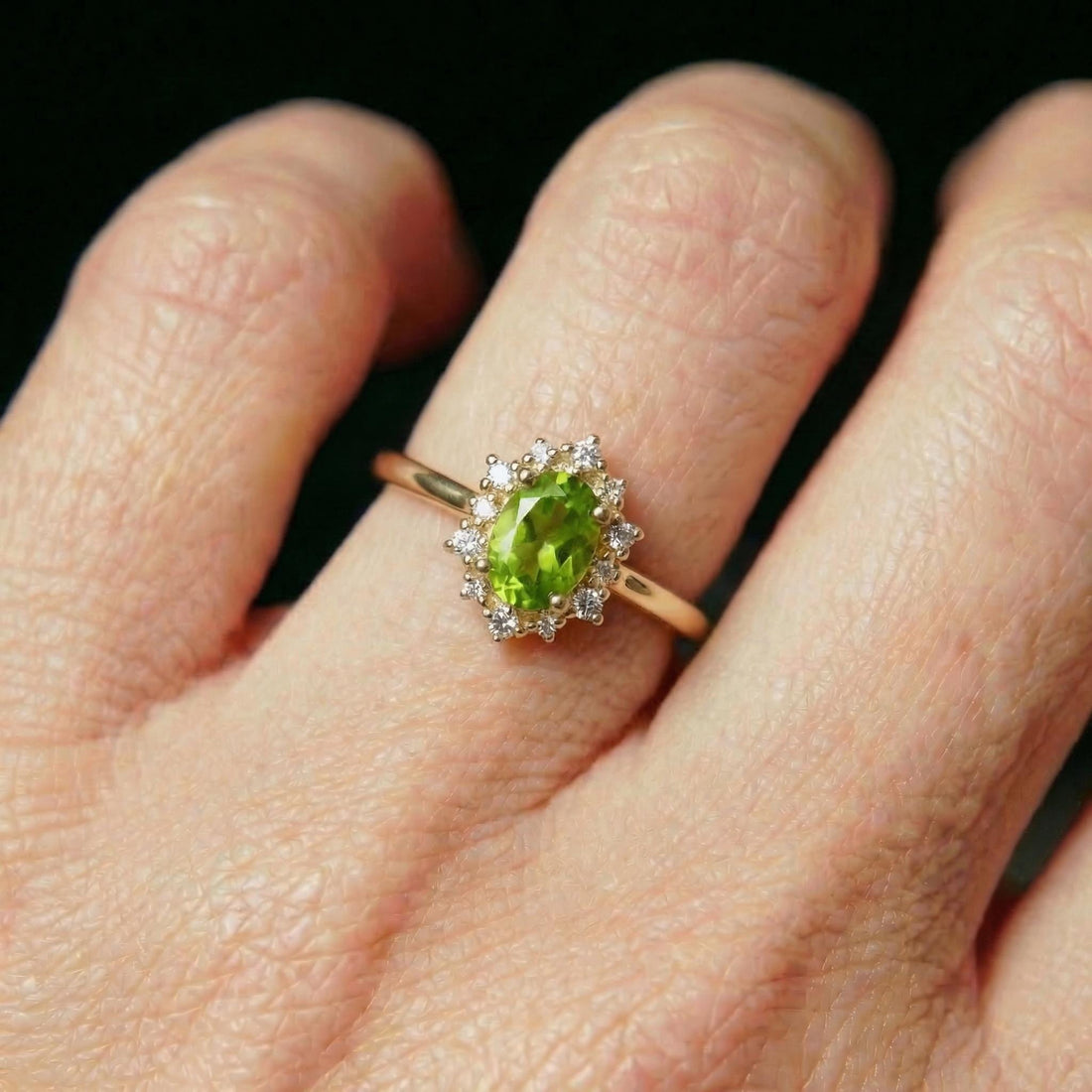 Oval Peridot Engagement Ring, Vintage Cluster Halo Promise Ring, Custom Gemstone Wedding Jewelry, August Birthstone