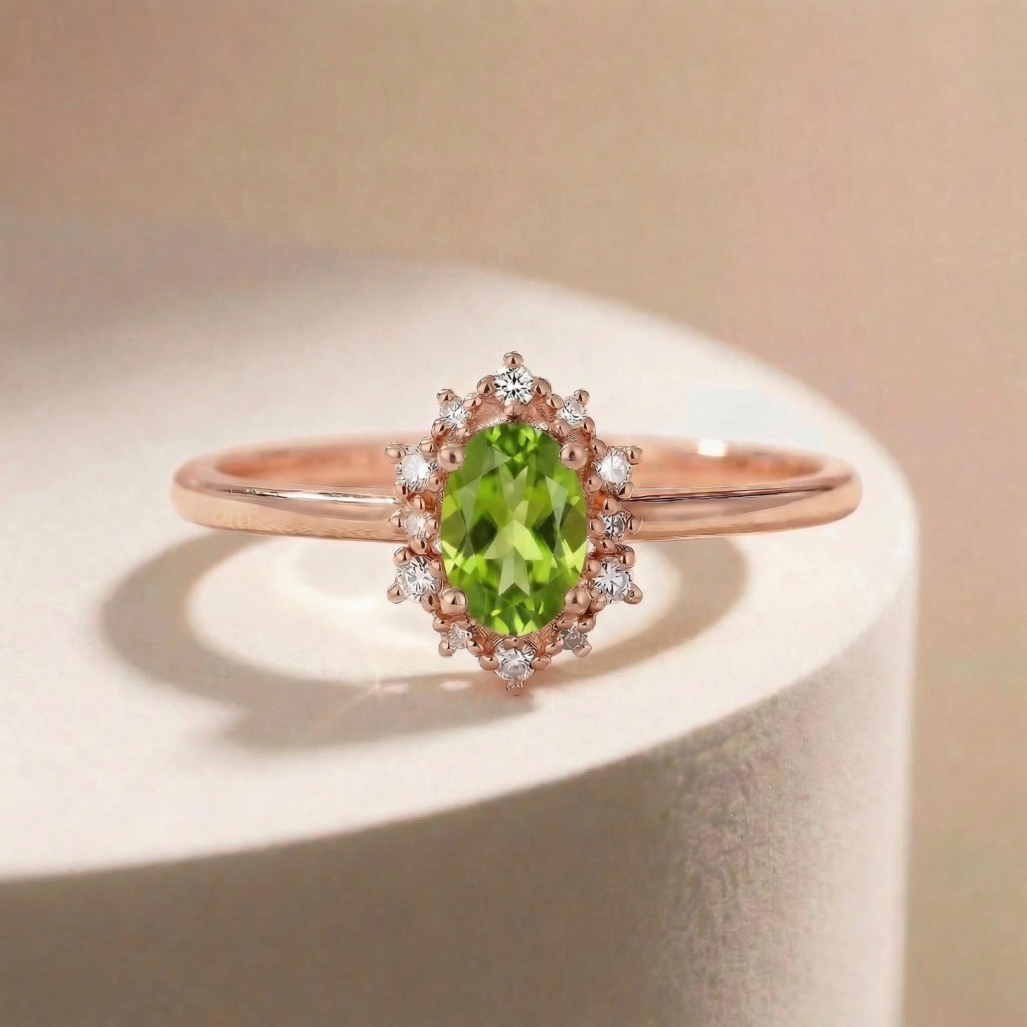 Oval Peridot Engagement Ring, Vintage Cluster Halo Promise Ring, Custom Gemstone Wedding Jewelry, August Birthstone