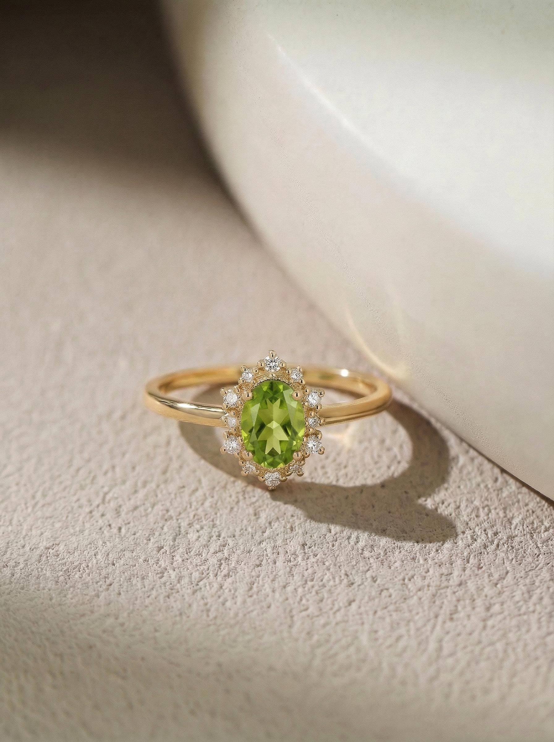 Oval Peridot Engagement Ring, Vintage Cluster Halo Promise Ring, Custom Gemstone Wedding Jewelry, August Birthstone